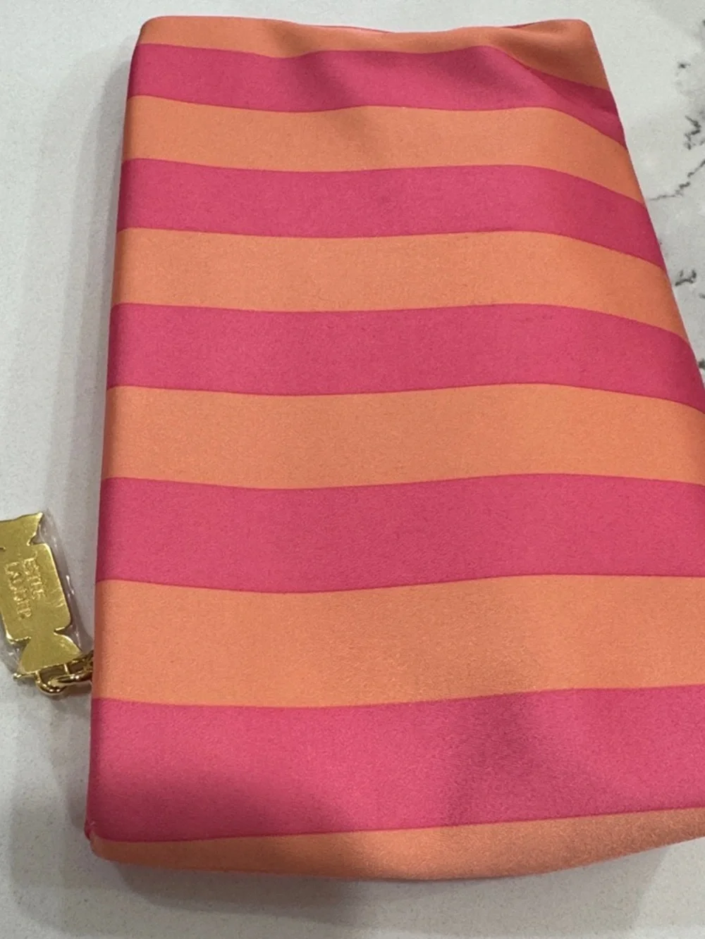 ESTEE LAUDER Pink Coral Striped Satin Pouch with Gold Hardware